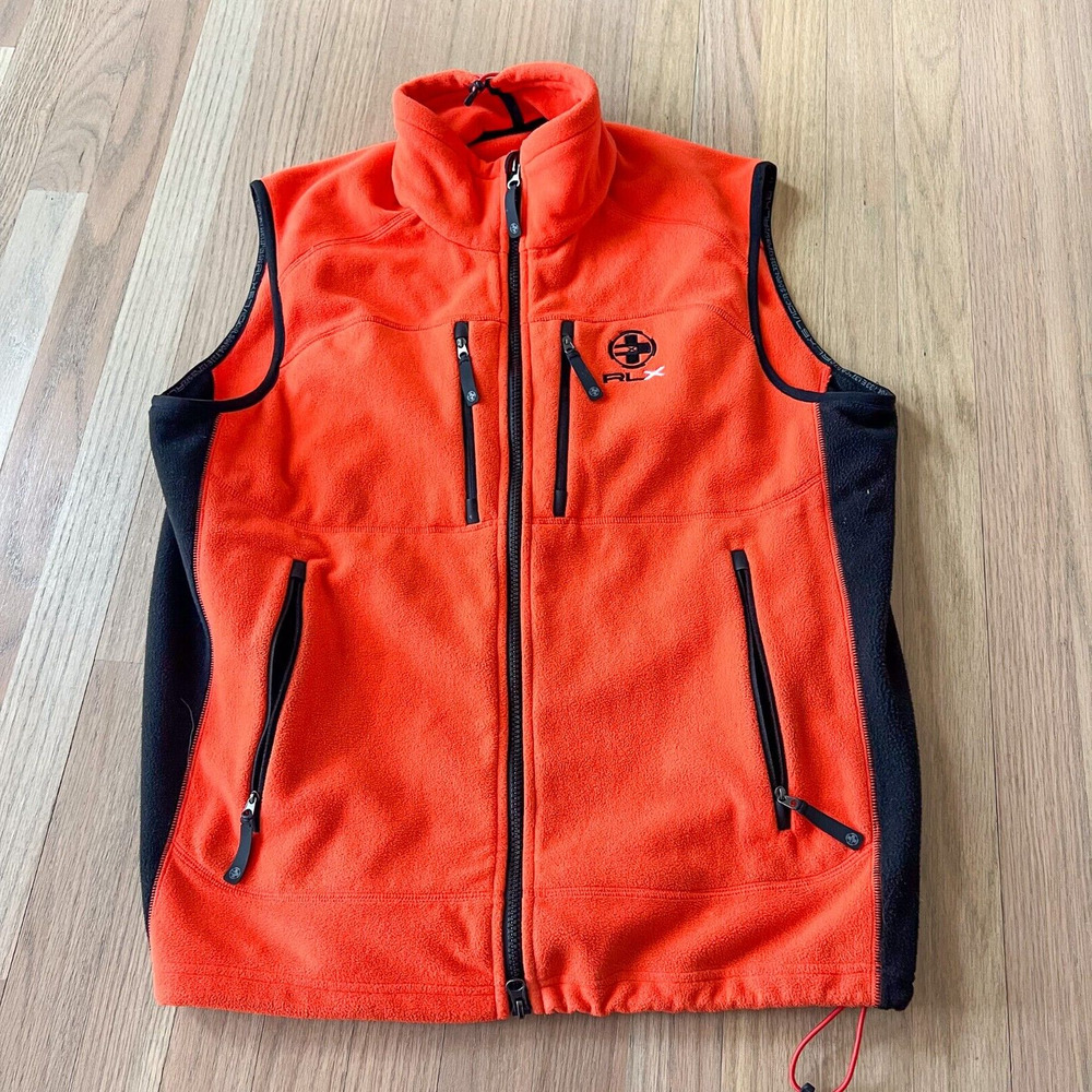 RLX Ralph Lauren Mens Sz Medium Fleece Full-Zip Vest Neon Orange Black - Picture 1 of 13